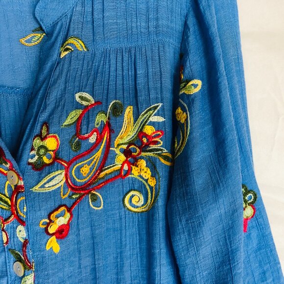 Anthropologie Fig & Flower Women's Size Small Blue Floral Embroidered Blouse Top - Picture 4 of 5